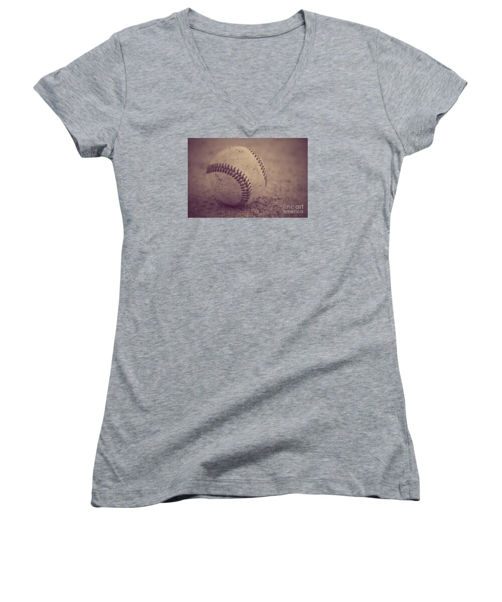 Baseball Women's V-Neck featuring the photograph Baseball in Sepia by Leah McPhail
