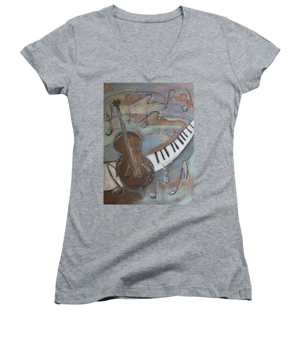 Painting Women's V-Neck featuring the painting Bass and Keys by Anita Burgermeister