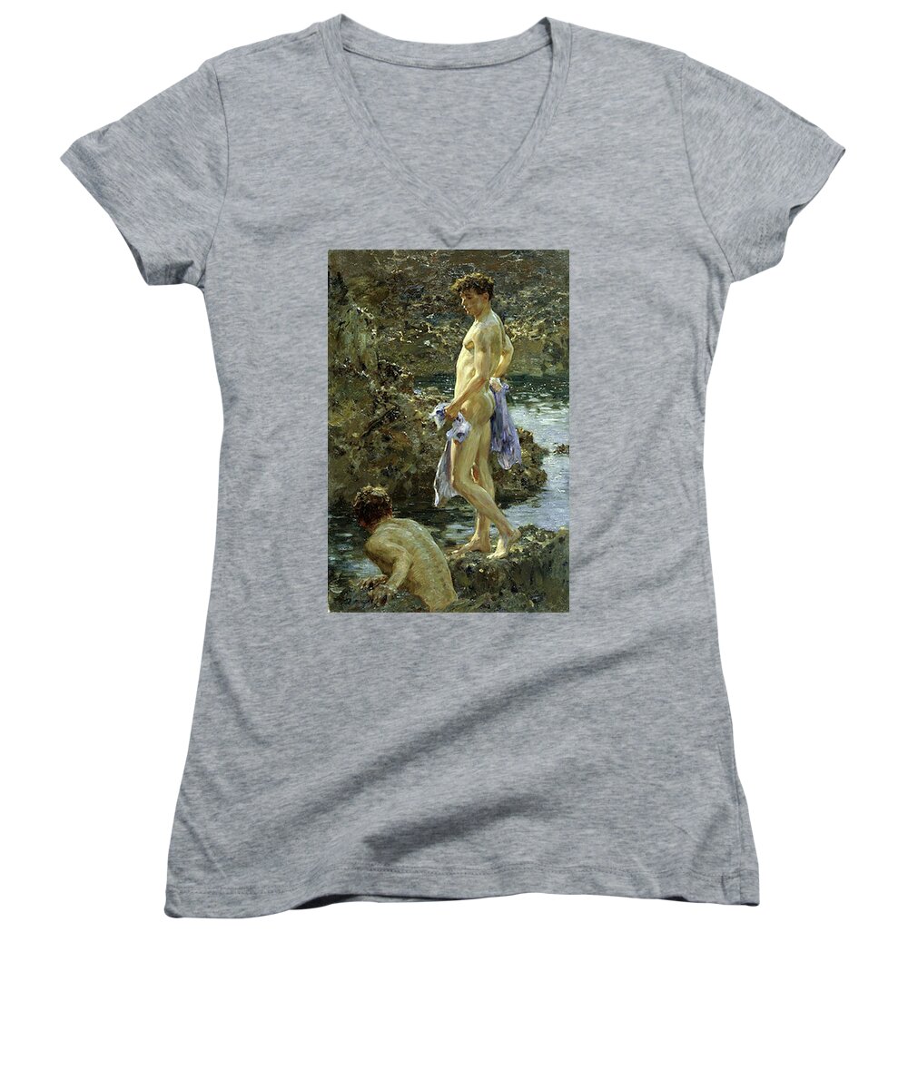 Bathing Group Women's V-Neck featuring the painting Bathing Group of 1914 by Henry Scott Tuke