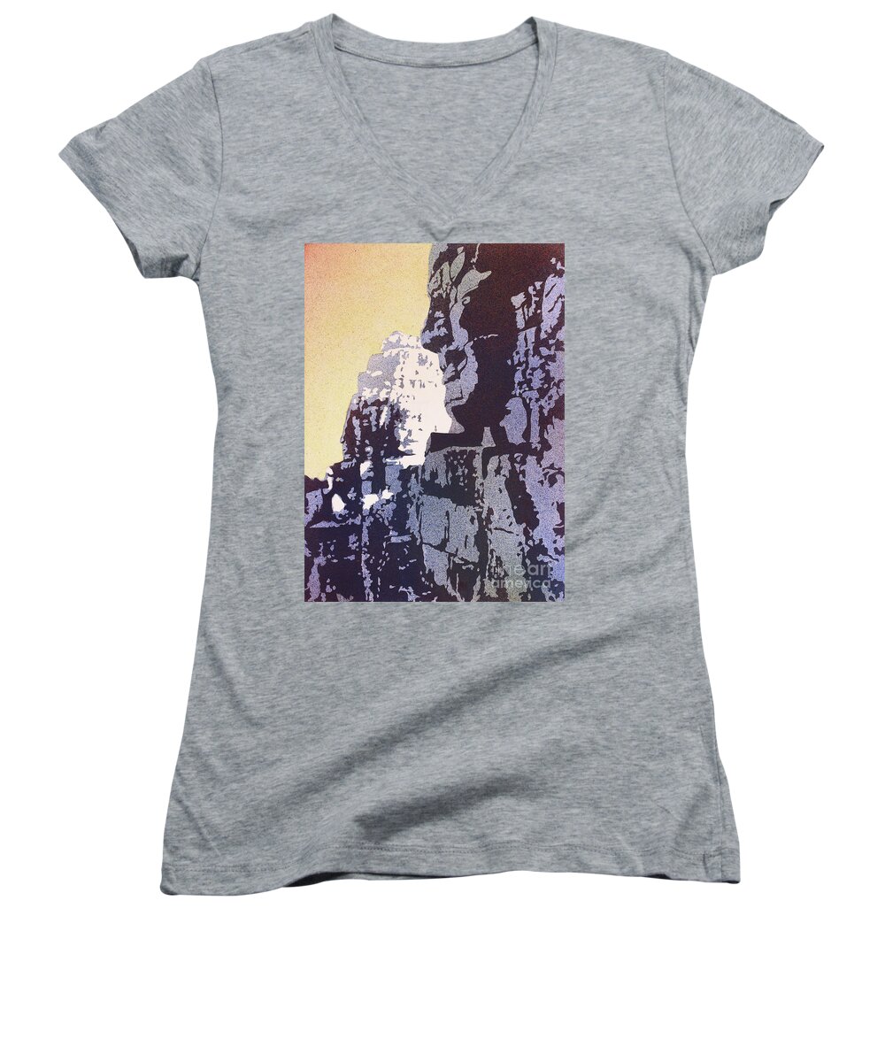 12th Century Ruin Women's V-Neck featuring the painting Bayon Temple- Angkor Wat, Cambodia by Ryan Fox