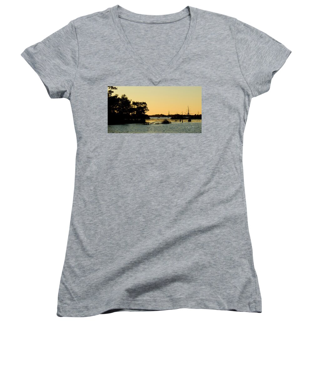 Gulf Of Mexico Women's V-Neck featuring the photograph Bayou Sunset Venice Louisiana by Paul Gaj