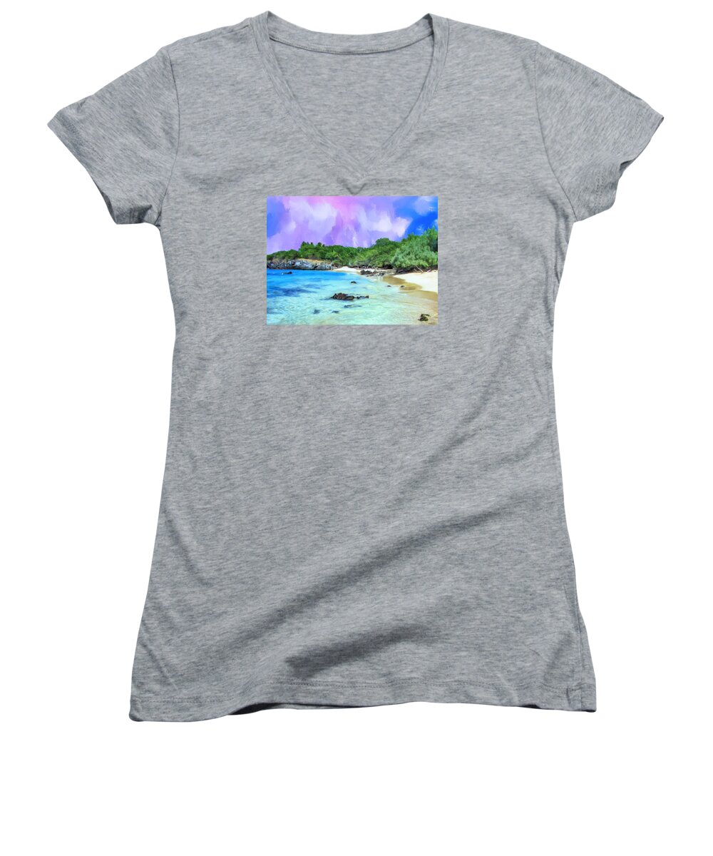 Beach 69 Women's V-Neck featuring the painting Beach 69 Big Island by Dominic Piperata