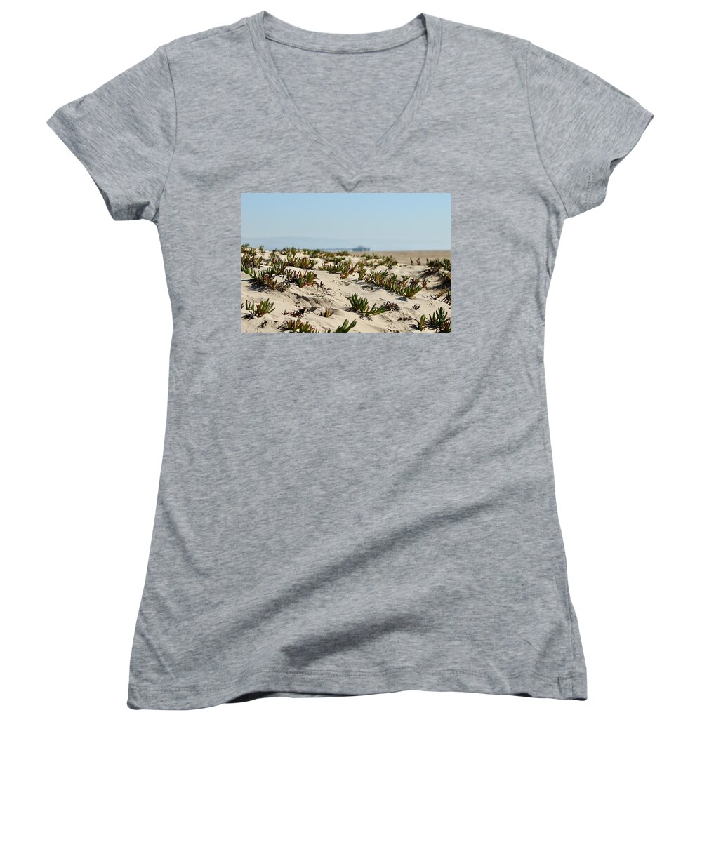 Ice Plant Covered Dune On California's Newport Beach. Women's V-Neck featuring the photograph Beach Dune by Brian Eberly
