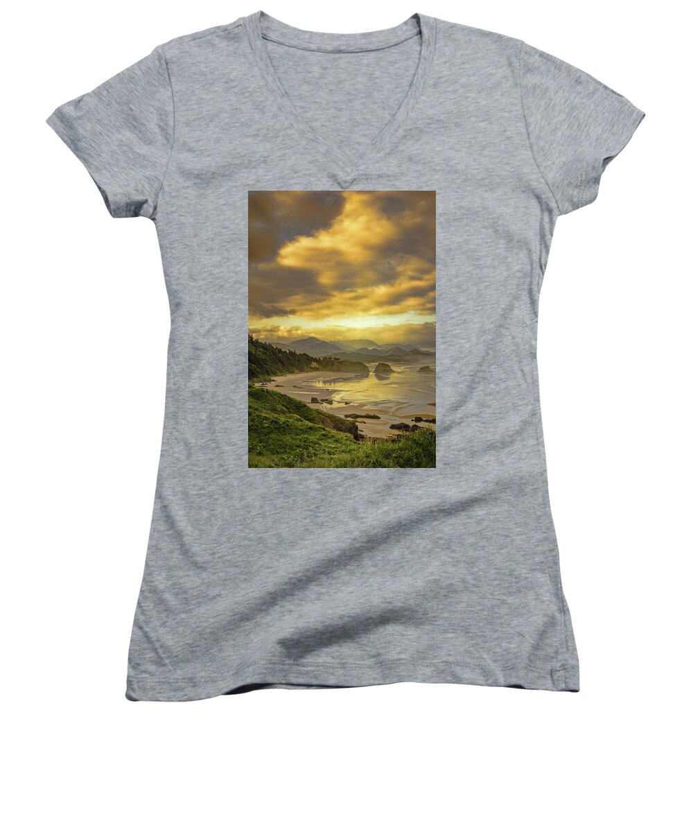 Cannon Beach Women's V-Neck featuring the photograph Beach Reflections by Don Schwartz