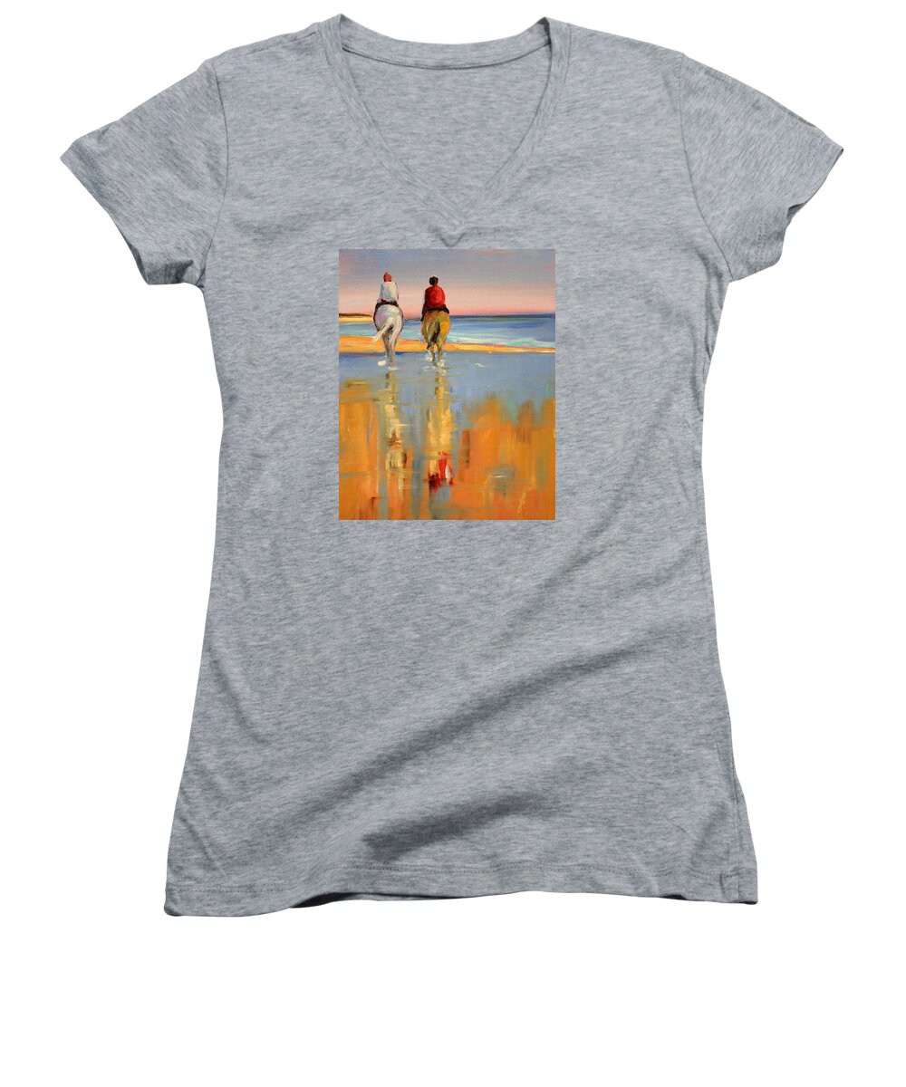 Beach Women's V-Neck featuring the painting Beach Riders by Trina Teele