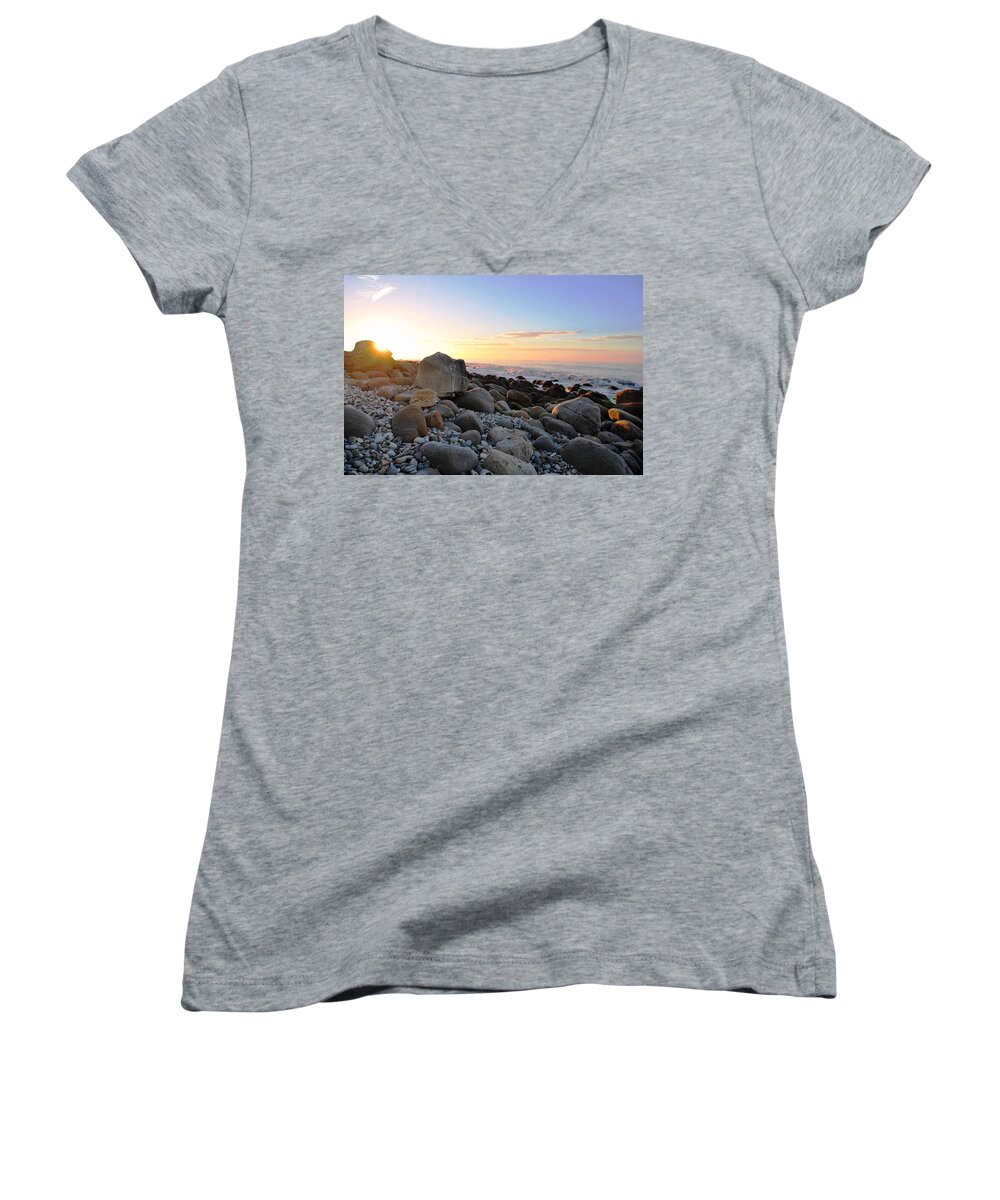 Beach Women's V-Neck featuring the photograph Beach Sunrise over Rocks by Matt Quest
