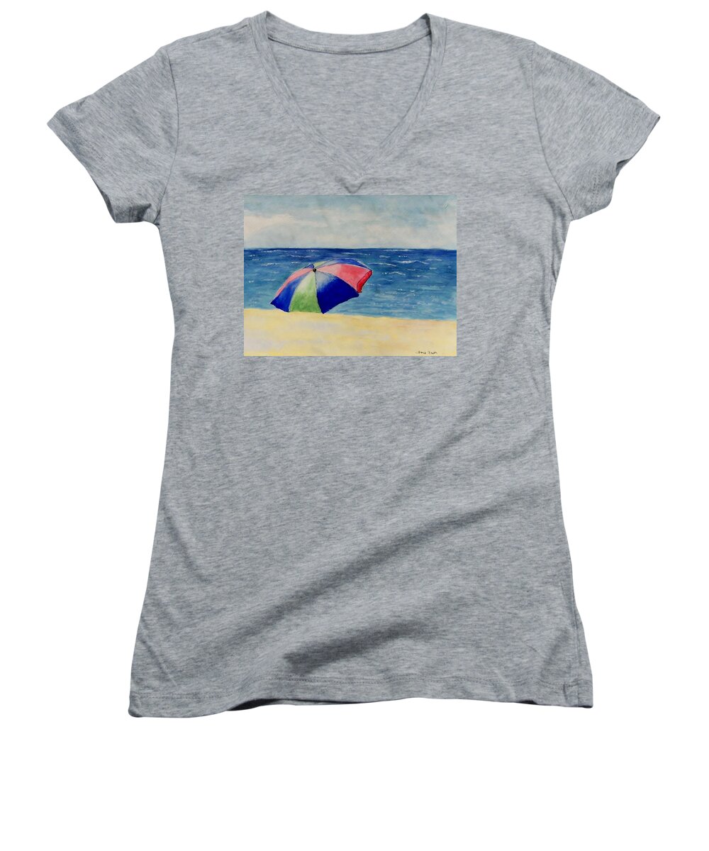 Beach Women's V-Neck featuring the painting Beach Umbrella by Jamie Frier