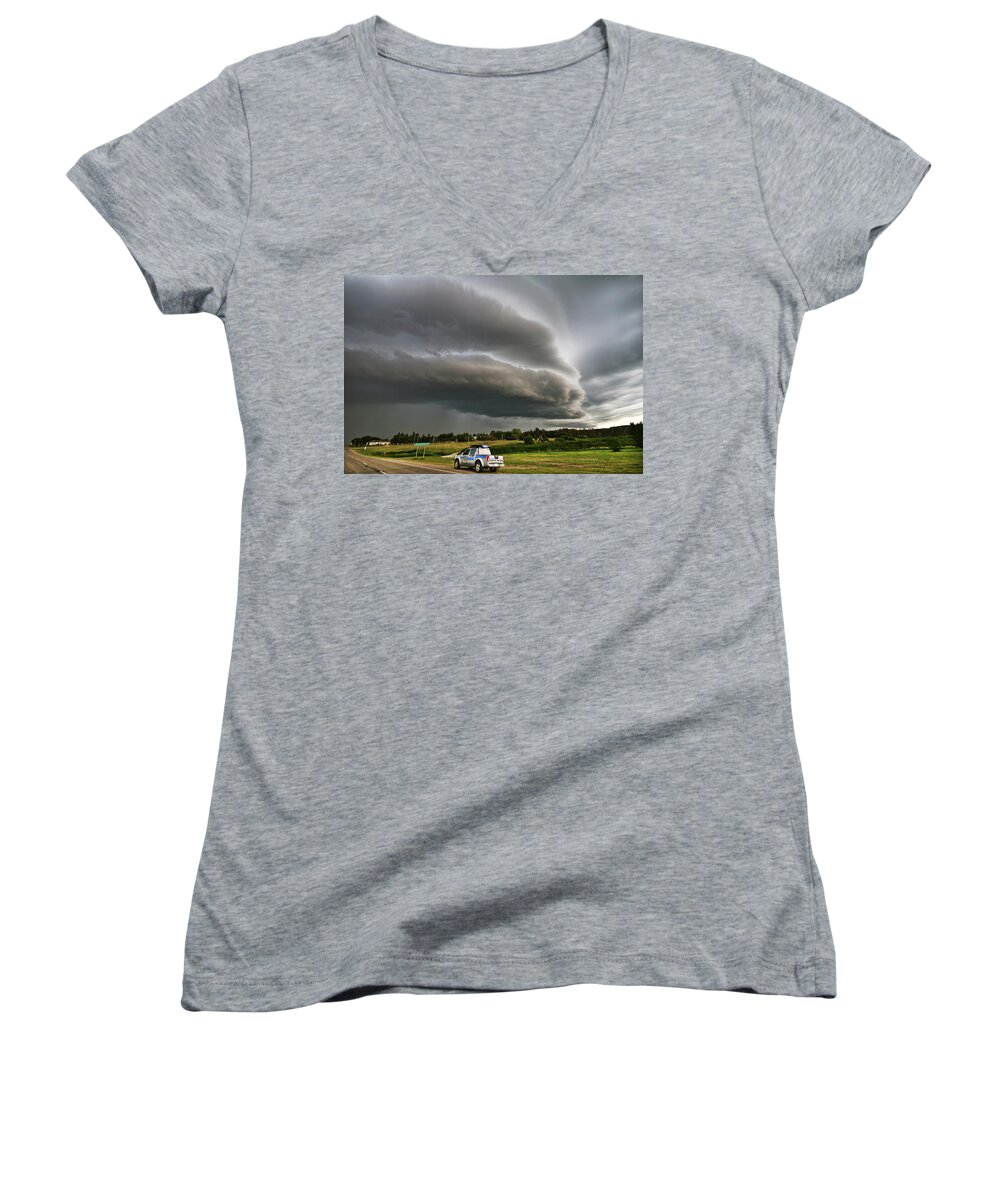 Tornado Women's V-Neck featuring the photograph Beast over Yorkton by Ryan Crouse