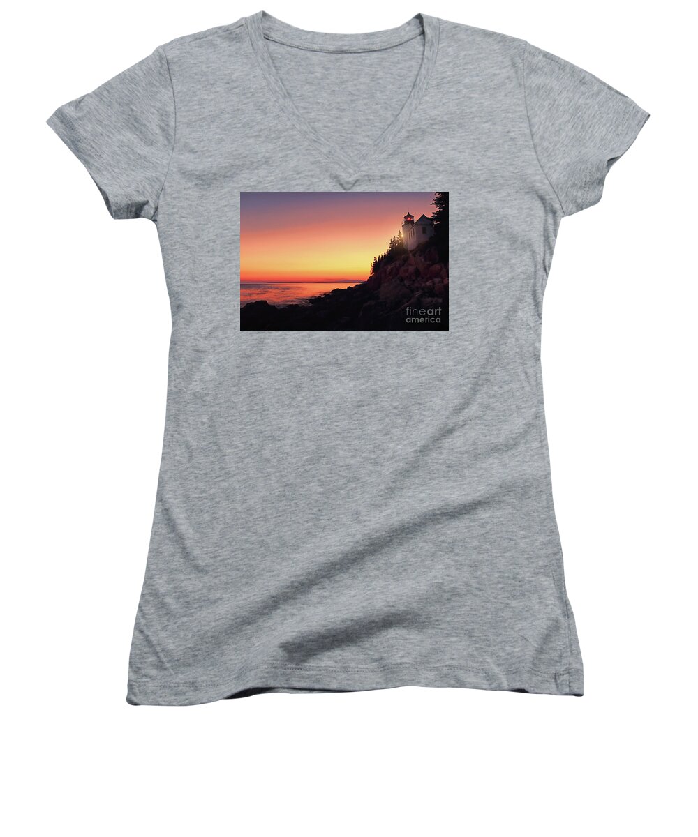 #elizabethdow Women's V-Neck featuring the photograph Beautiful Bass Harbor Lighthouse by Elizabeth Dow