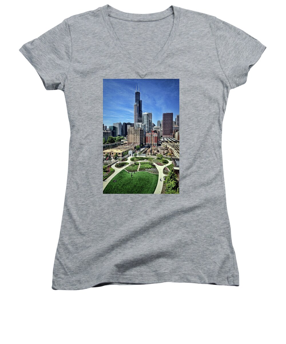 South Loop Women's V-Neck featuring the photograph beautiful day and view of Chicago by Sven Brogren
