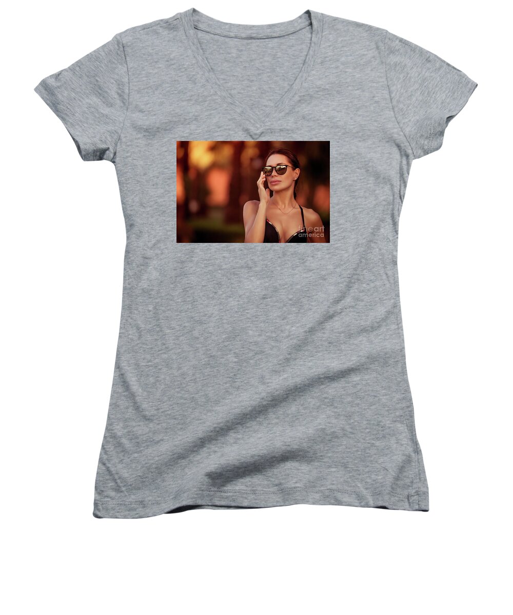 Adult Women's V-Neck featuring the photograph Beautiful woman portrait by Anna Om