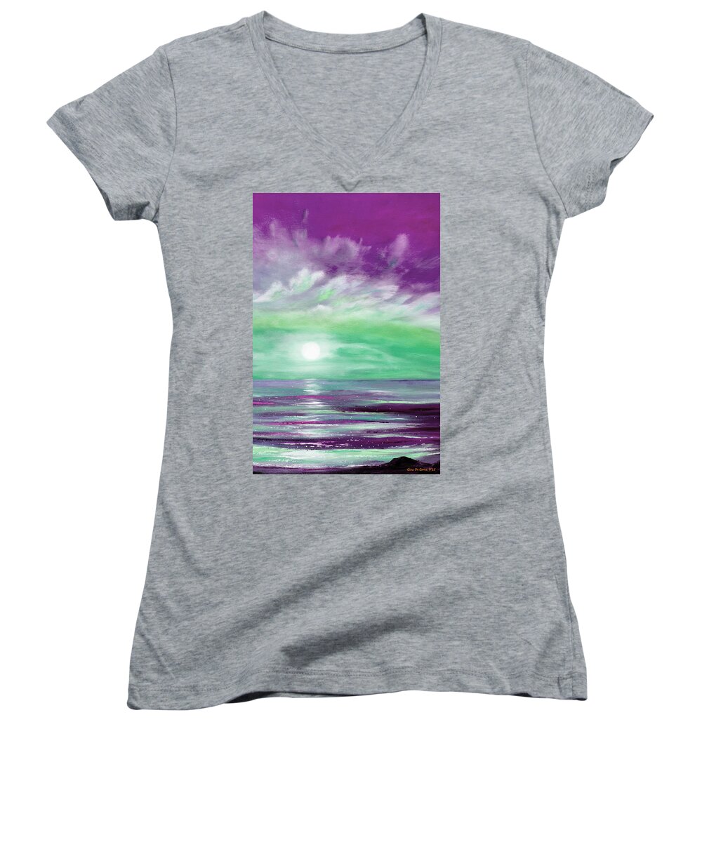 Sunset Women's V-Neck featuring the painting Because You Deserve Color - Vertical Purple and Green Sunset by Gina De Gorna