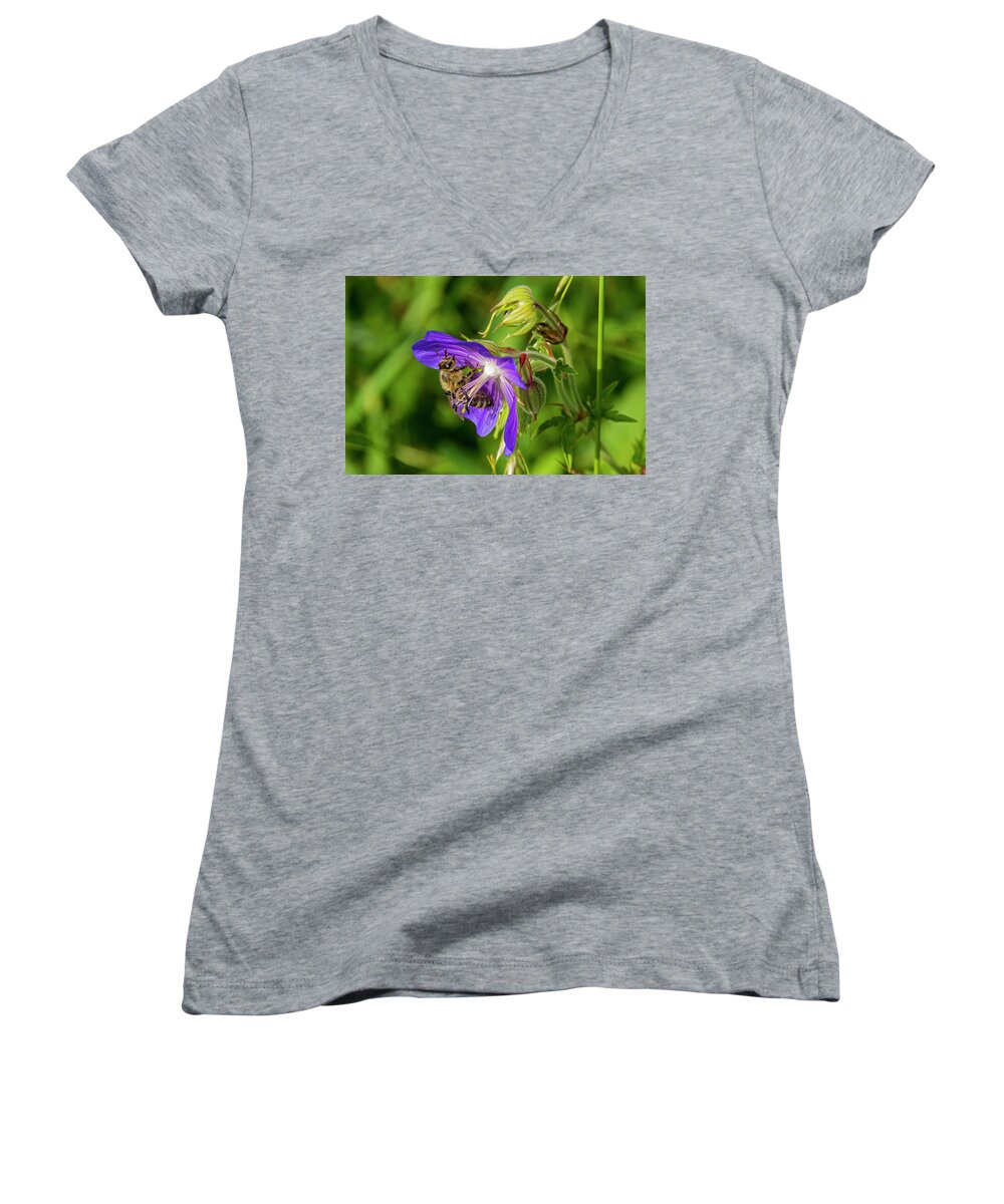 Nature Women's V-Neck featuring the photograph Bee at work by Ulrich Burkhalter