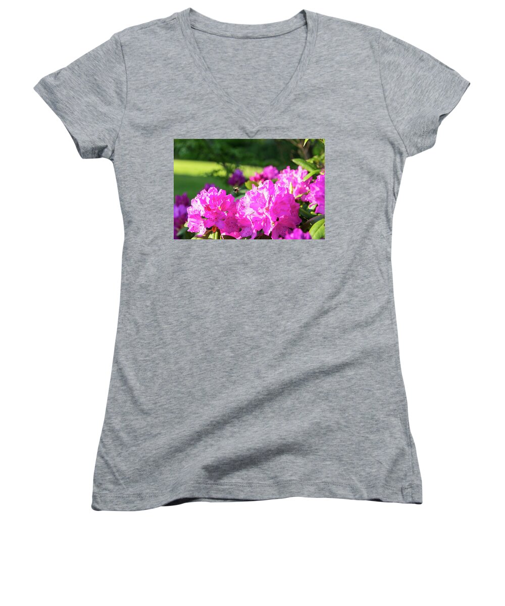 Bee Women's V-Neck featuring the photograph Bee Flying Over Catawba Rhododendron by D K Wall