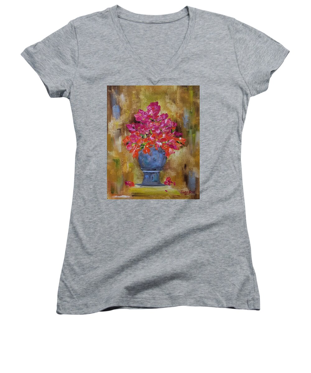 Begonia Women's V-Neck featuring the painting Begonia Justice by Judith Rhue