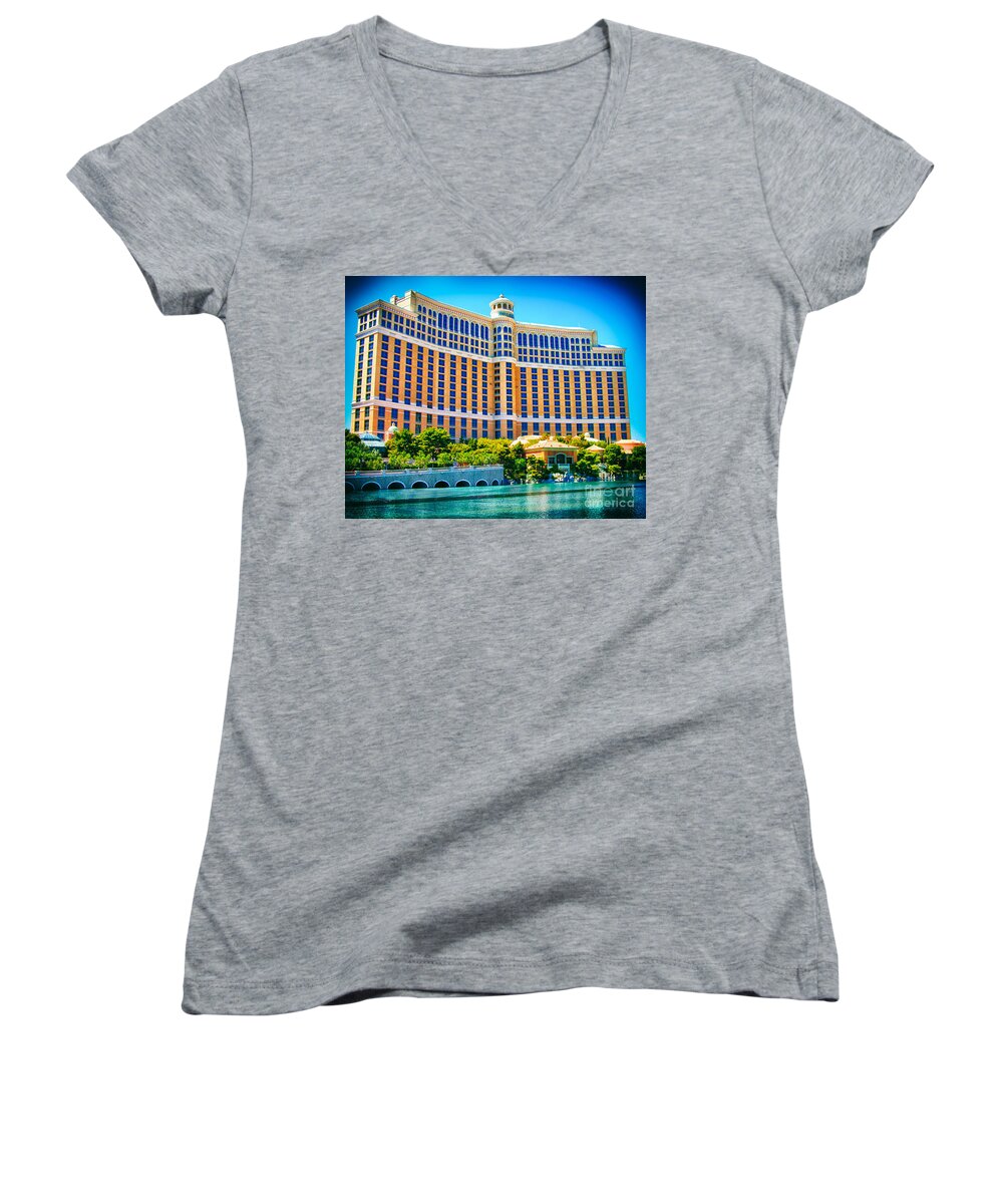 Bellagio Women's V-Neck featuring the photograph Bellagio Hotel and Casino by Mariola Bitner