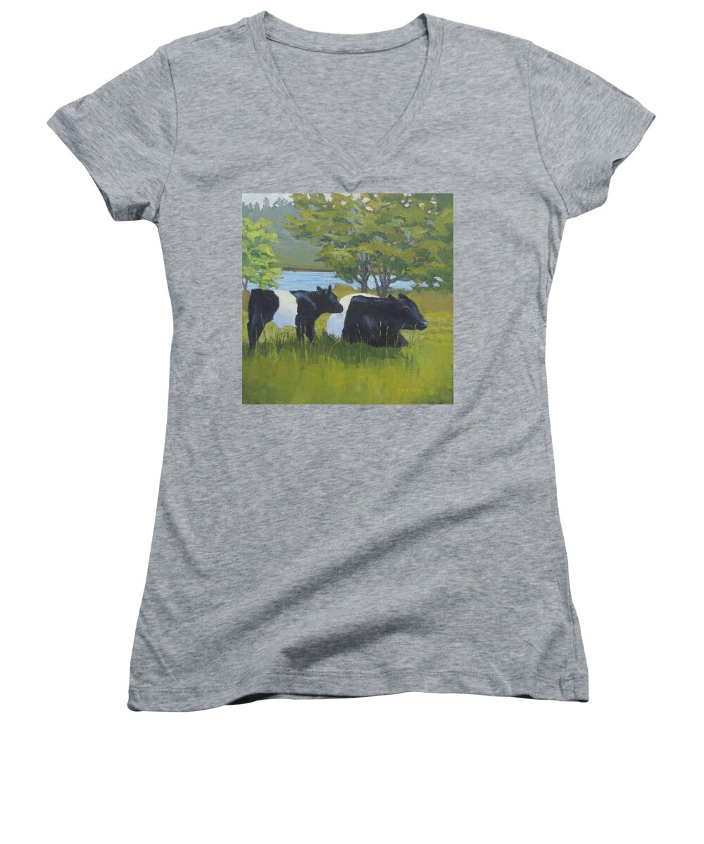 Belted Galloway Women's V-Neck featuring the painting Belted Galloway and Calf by Bill Tomsa