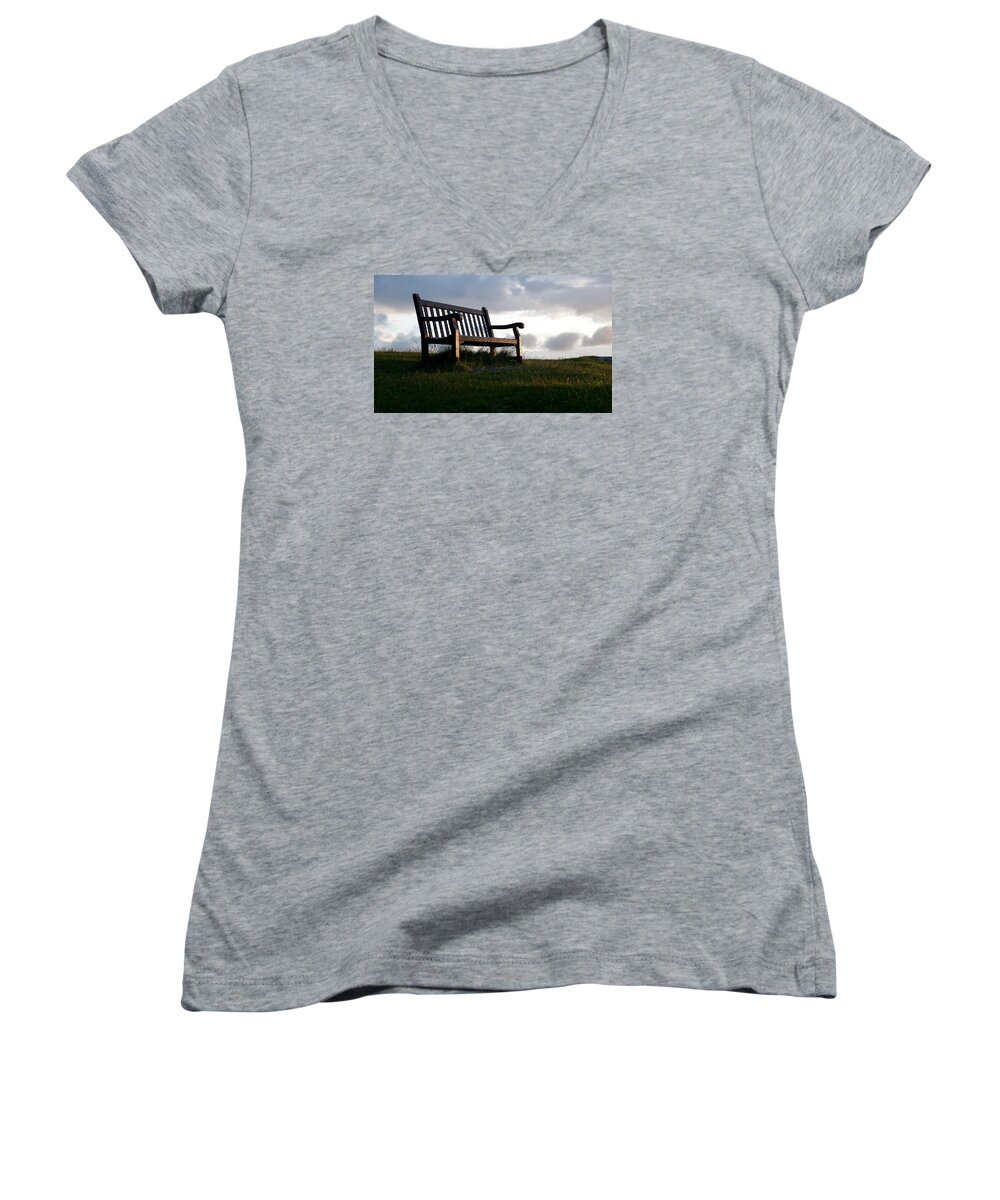 Devon Women's V-Neck featuring the photograph Bench at Sunset by Helen Jackson