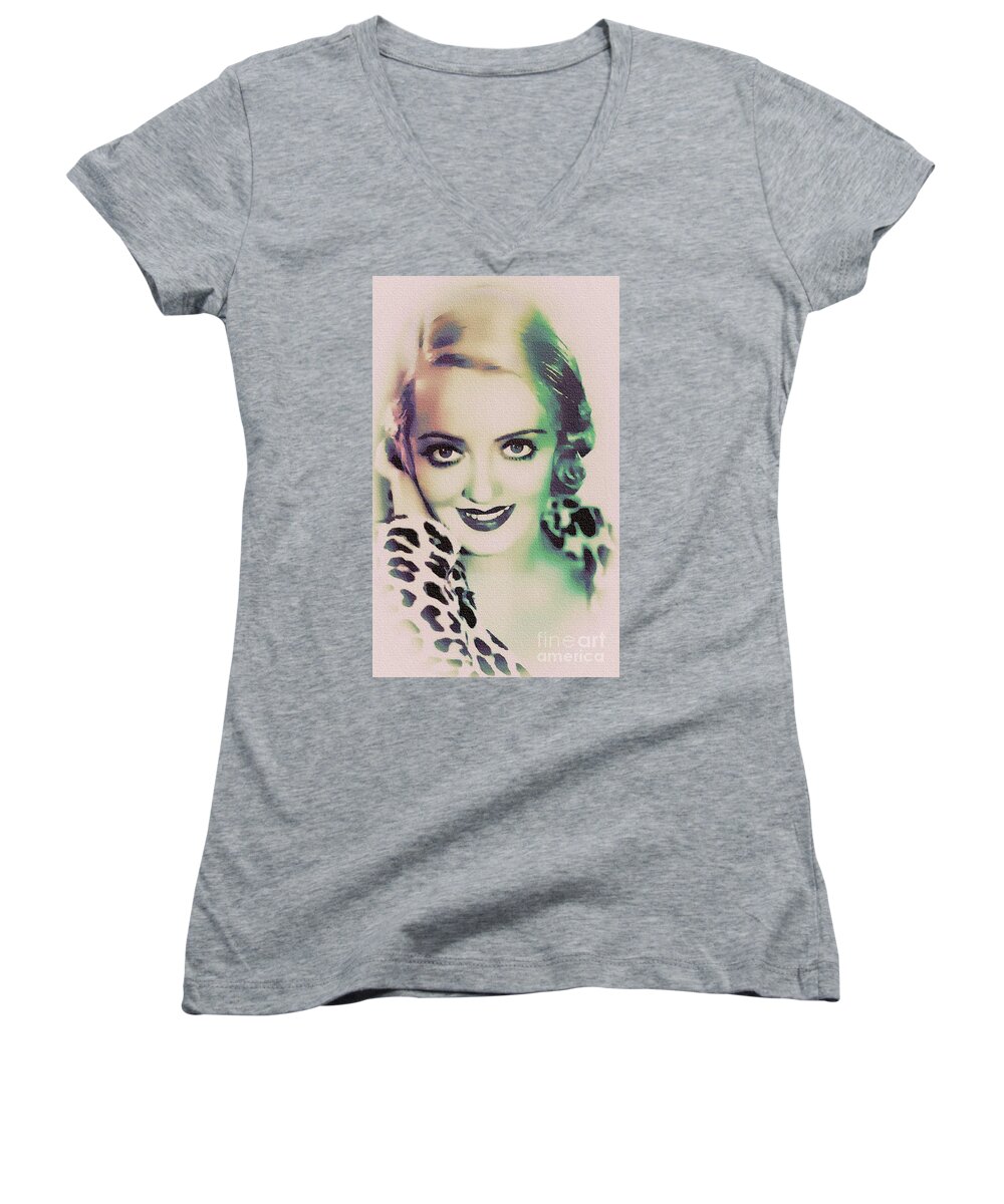 Bette Davis Women's V-Neck featuring the painting Bette Davis - Hollywood Great by Ian Gledhill
