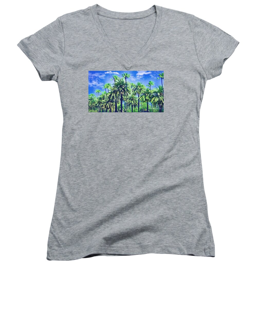 Palm Tree Women's V-Neck featuring the mixed media Beverly Hills Palms by Alicia Hollinger