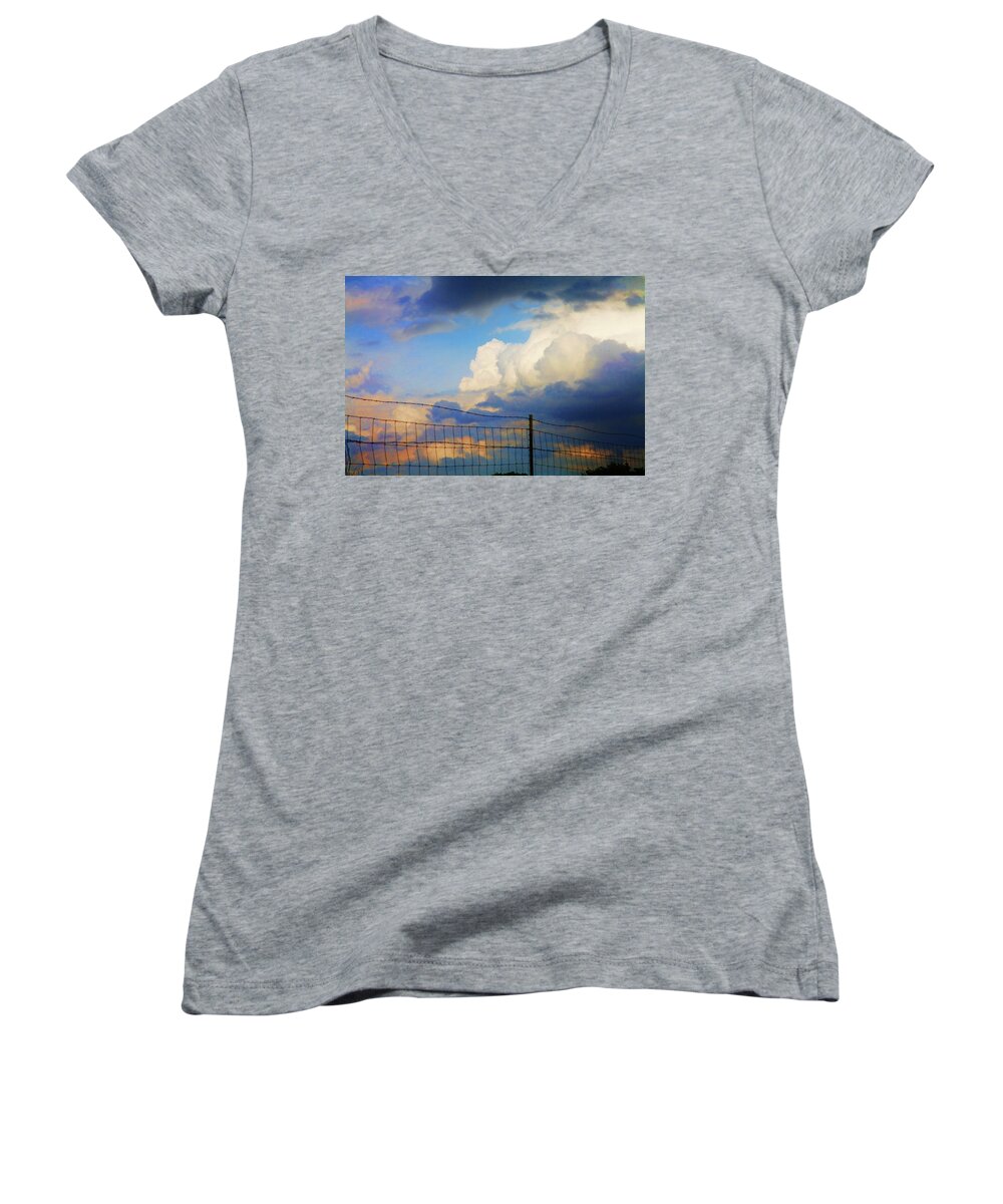 Landscape Women's V-Neck featuring the photograph Beyond the Fence by Toni Hopper
