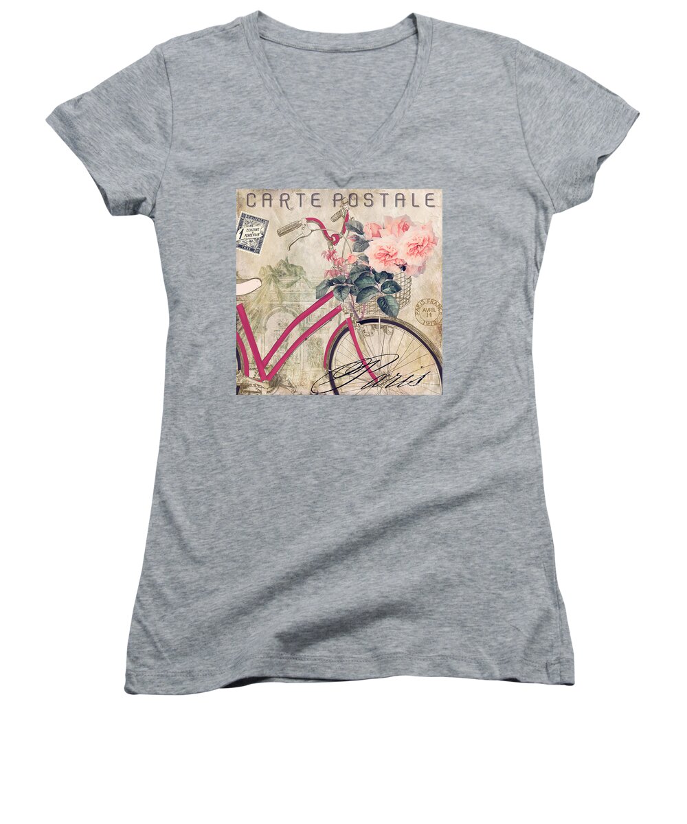 Bike Women's V-Neck featuring the painting Bicycling in Paris II by Mindy Sommers