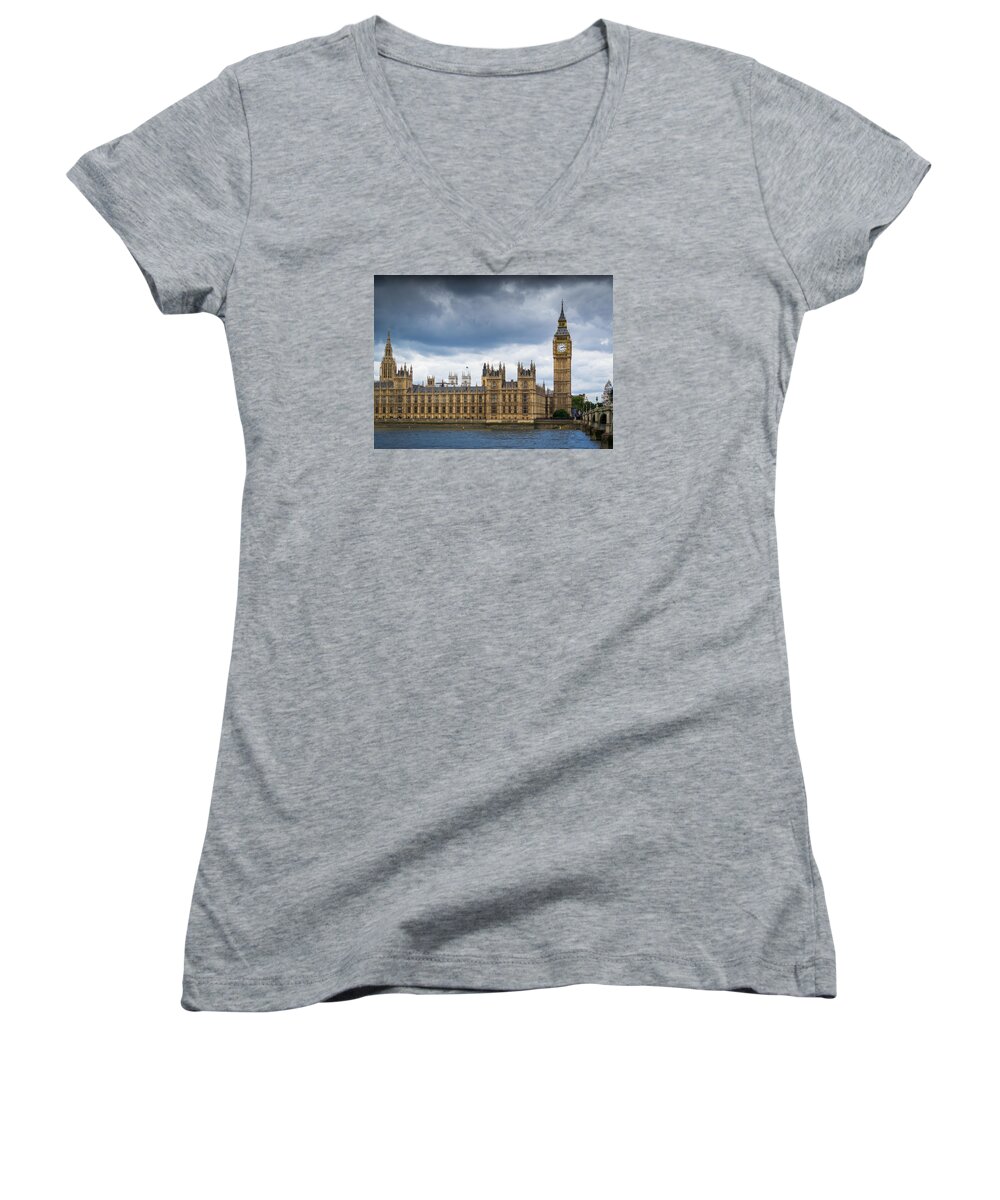 Big Ben Women's V-Neck featuring the photograph Big Ben and Houses of Parliament with Thames by John Williams