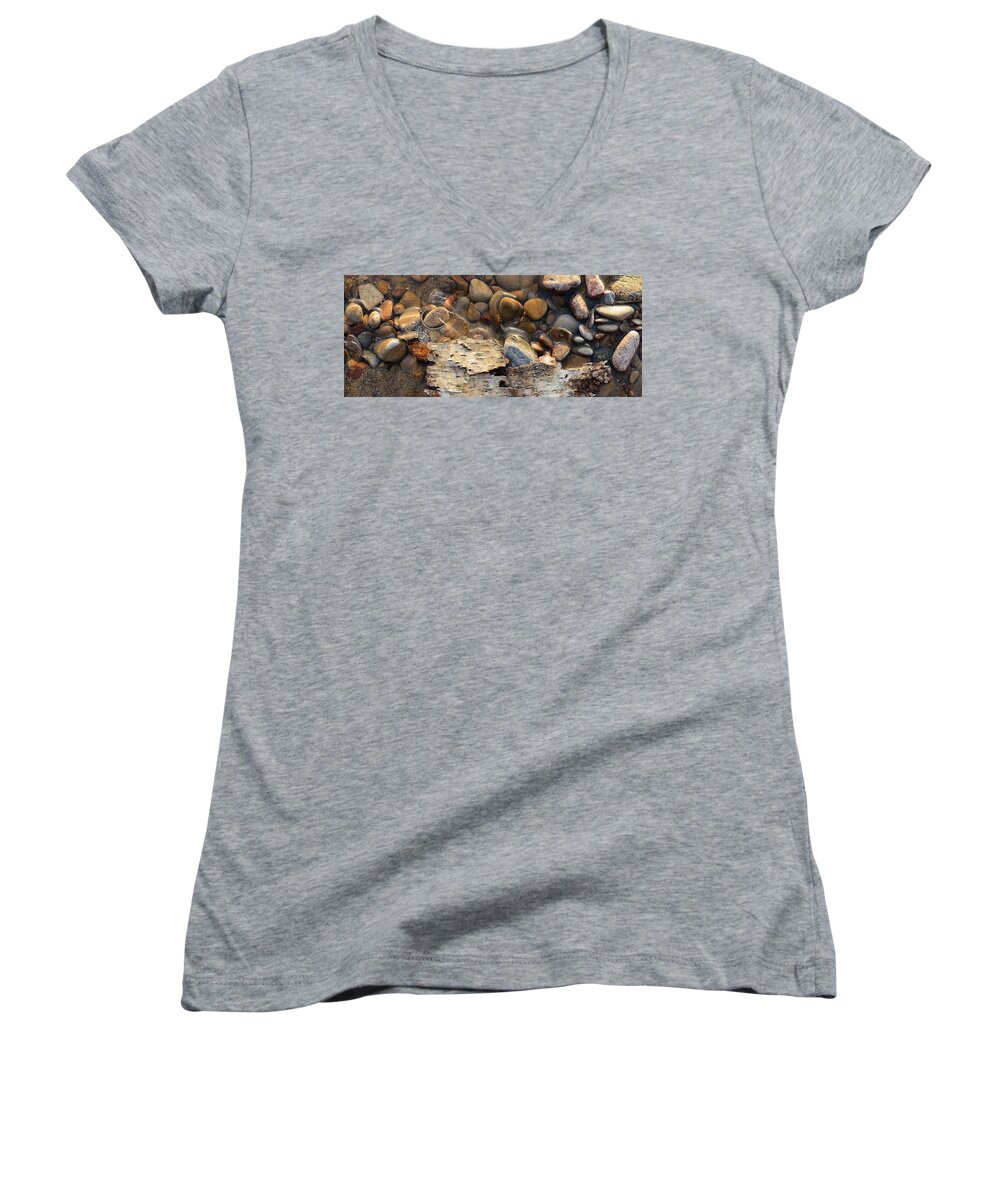 Abstract Women's V-Neck featuring the digital art Birch Bark And Ice In The Creek Four by Lyle Crump