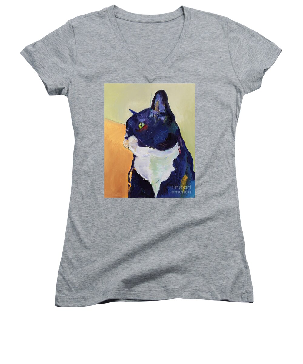 Cat Portrait Women's V-Neck featuring the painting Bird Watcher by Pat Saunders-White