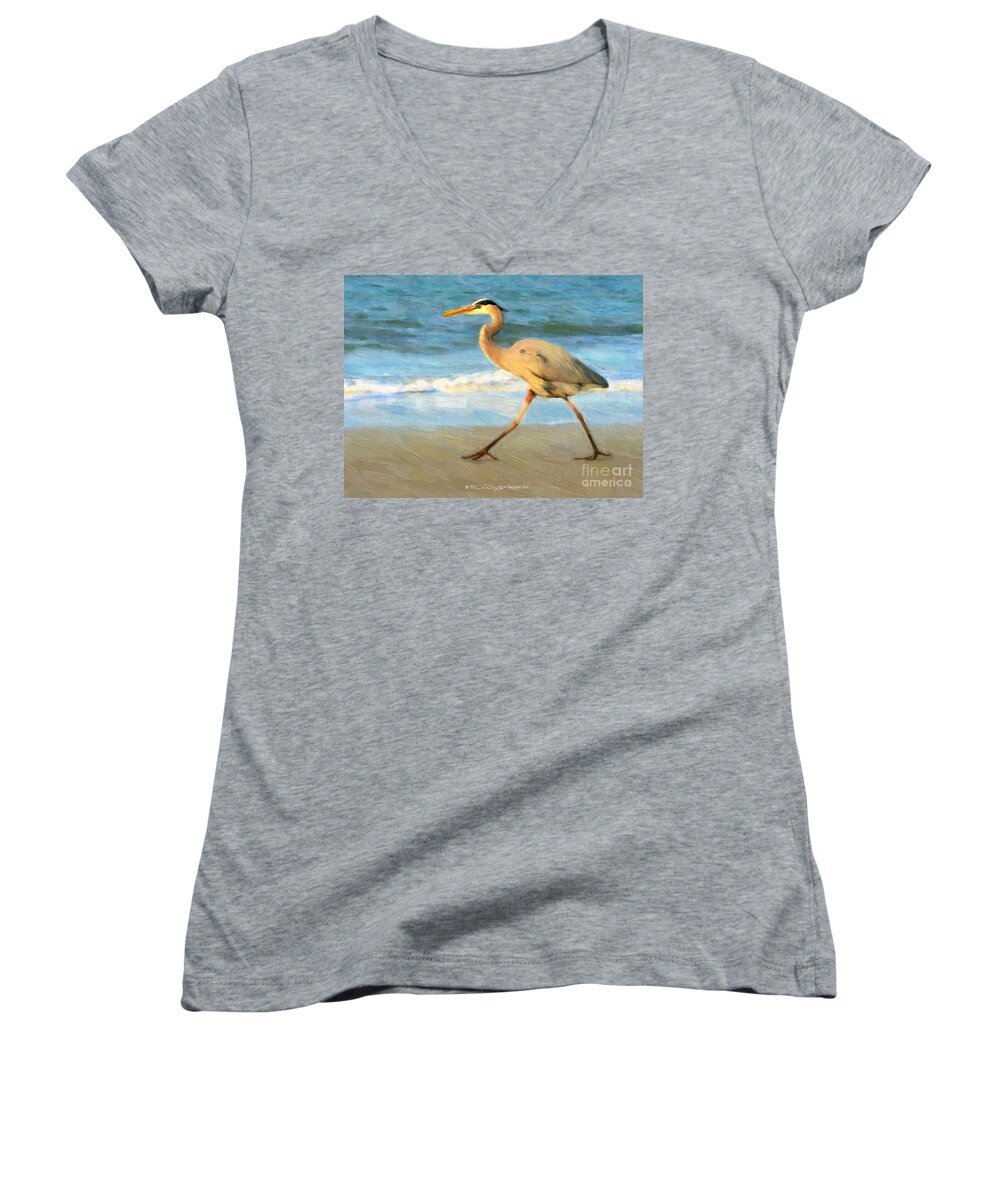 Blue Heron Women's V-Neck featuring the painting Bird with a Purpose by Chris Armytage