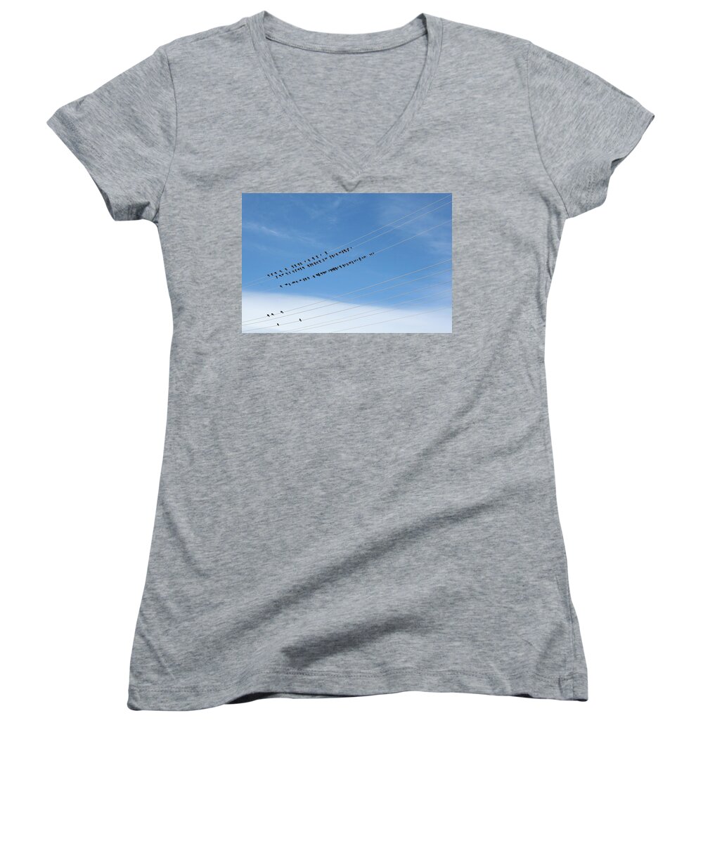 Birds Women's V-Neck featuring the photograph Birds on Wires by Ric Bascobert