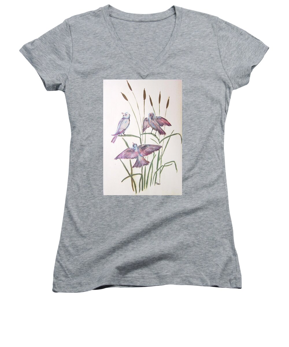 Birds Women's V-Neck featuring the painting Birds by Susan Turner Soulis