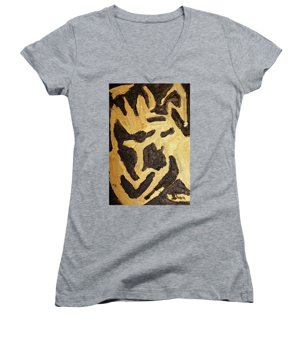 Black Women's V-Neck featuring the painting Black and Gold Mask by Shea Holliman