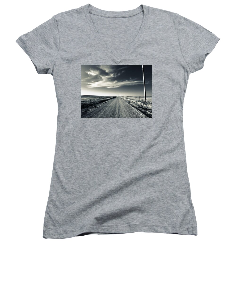 Flint Hills Women's V-Neck featuring the photograph Black and White Gravel by Eric Benjamin