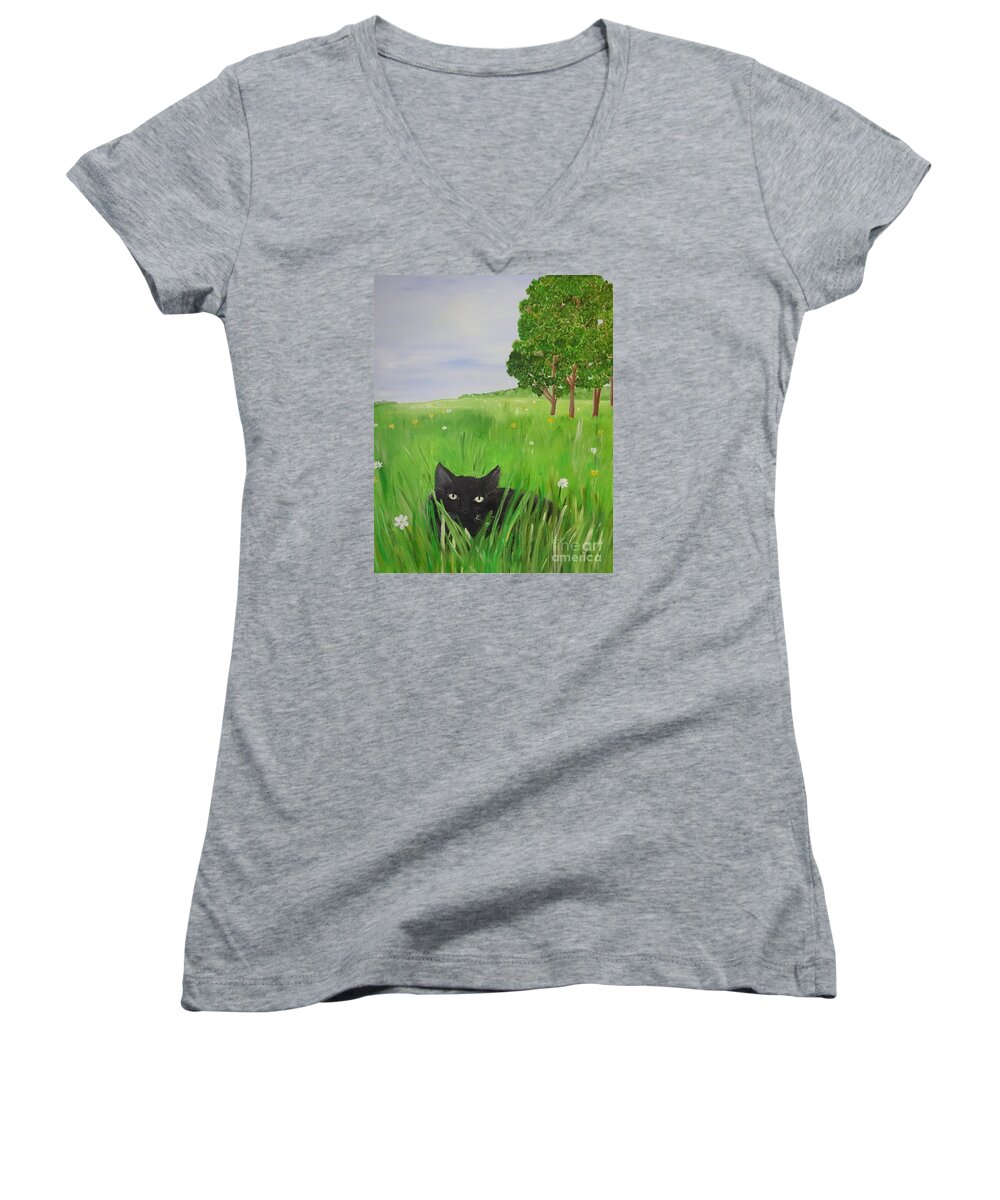 Cat Women's V-Neck featuring the painting Black cat in a meadow by Karen Jane Jones