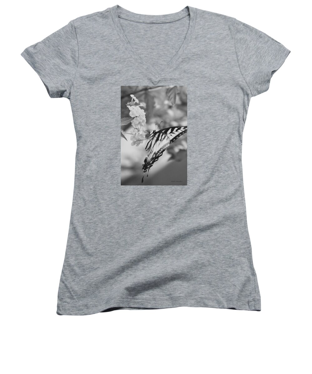 Butterfly Collection Art Women's V-Neck featuring the photograph Black/white BUTTERFLY by Debra   Vatalaro