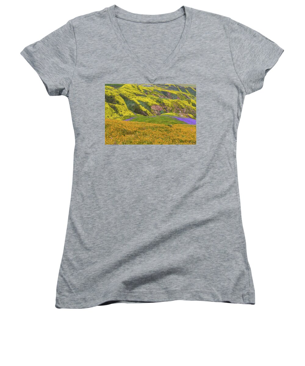 California Women's V-Neck featuring the photograph Blazing Star on Temblor Range by Marc Crumpler