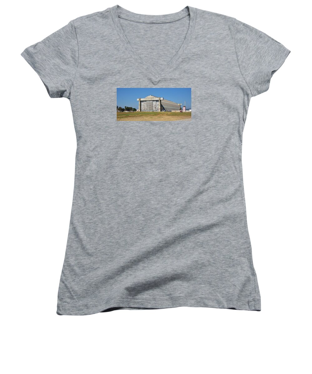 Linda Brody Women's V-Neck featuring the photograph Blimp Hanger from Closed El Toro Marine Corps Air Station by Linda Brody
