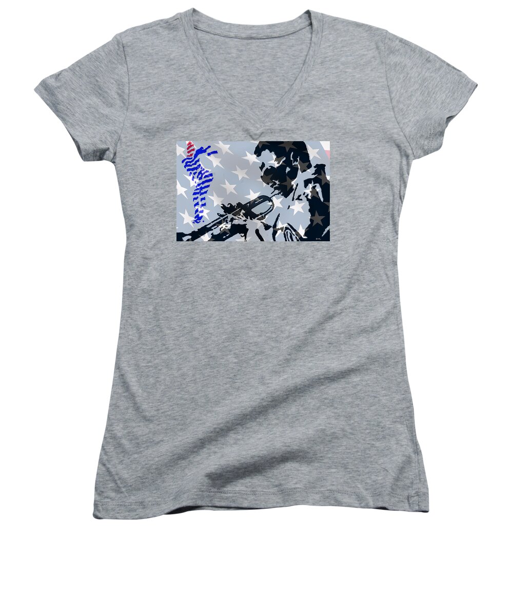 Jazz Women's V-Neck featuring the mixed media Blow Your Horn by Robert Margetts