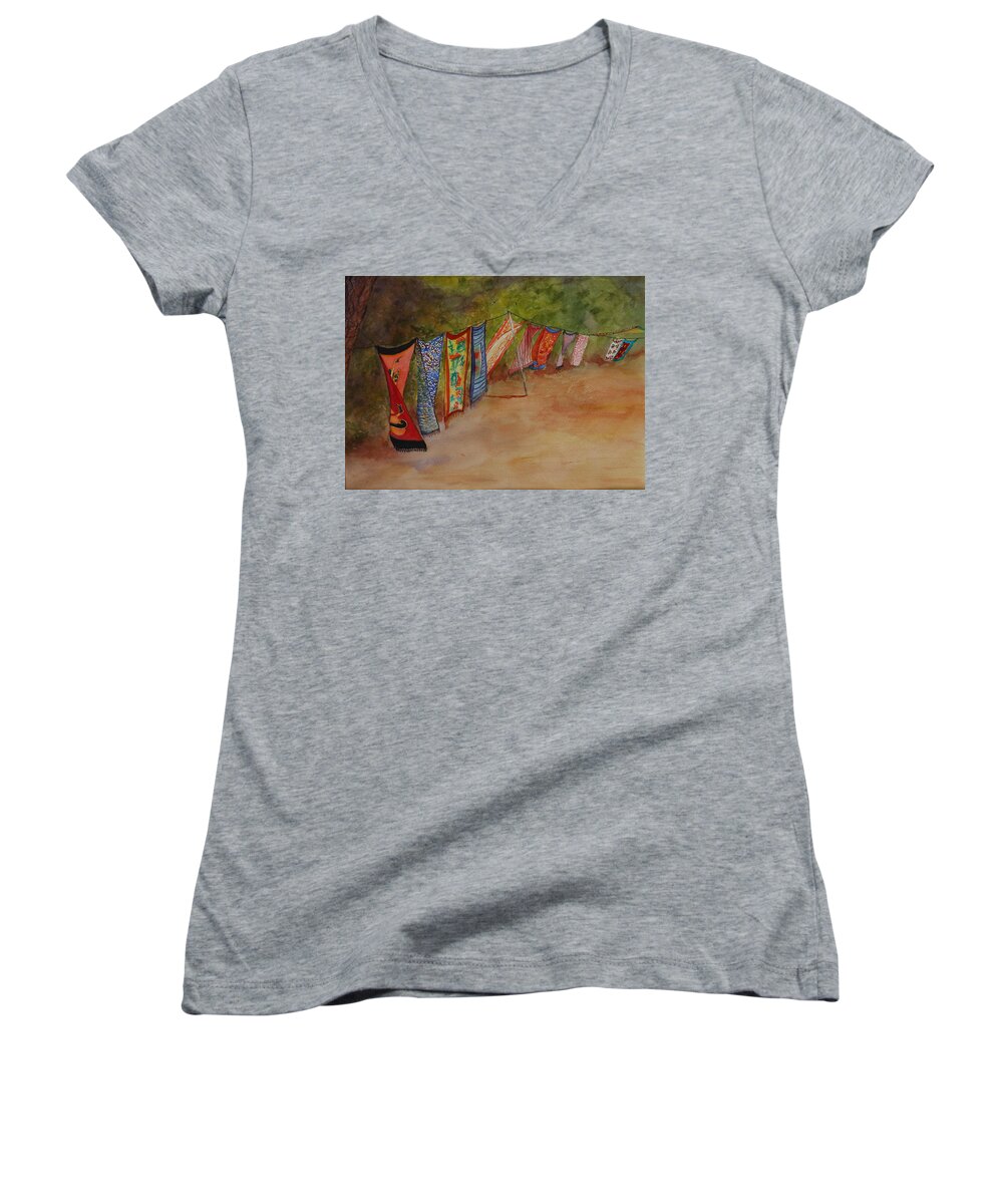 Sari Women's V-Neck featuring the painting Blowin' in the Wind by Ruth Kamenev