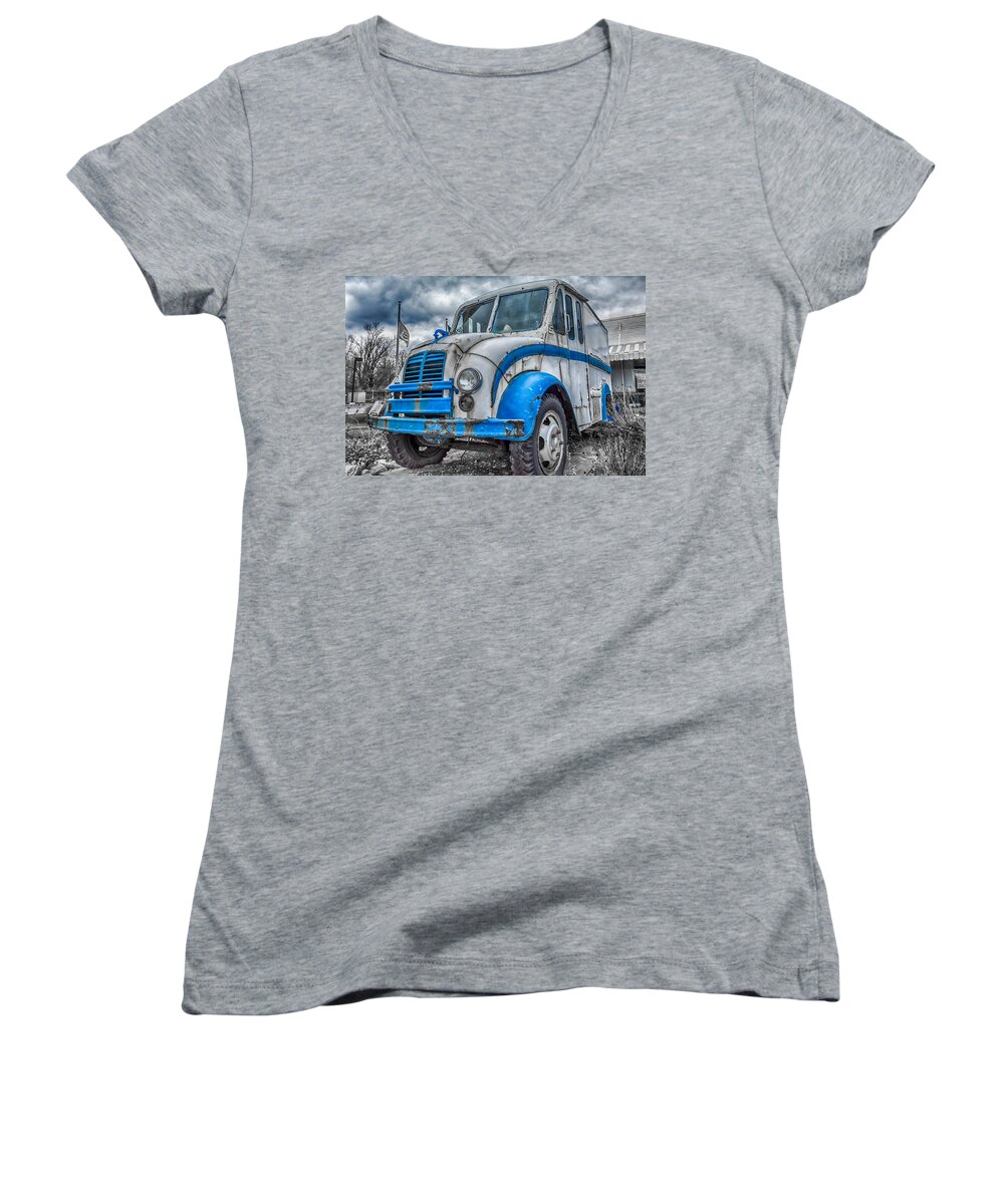 Divco Women's V-Neck featuring the photograph Blue and White DivCo by Guy Whiteley