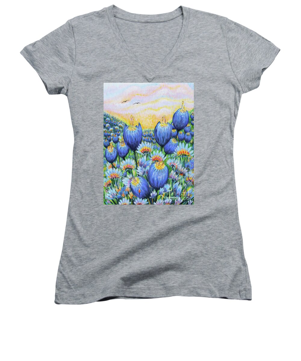 Blue Women's V-Neck featuring the painting Blue Belles by Holly Carmichael