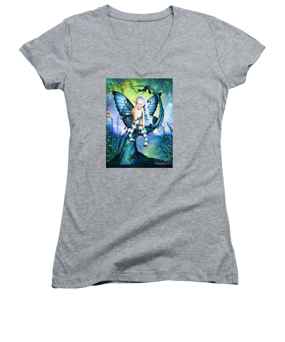 Fairy Women's V-Neck featuring the digital art Blue Butterfly Fairy in a Tree by Alicia Hollinger
