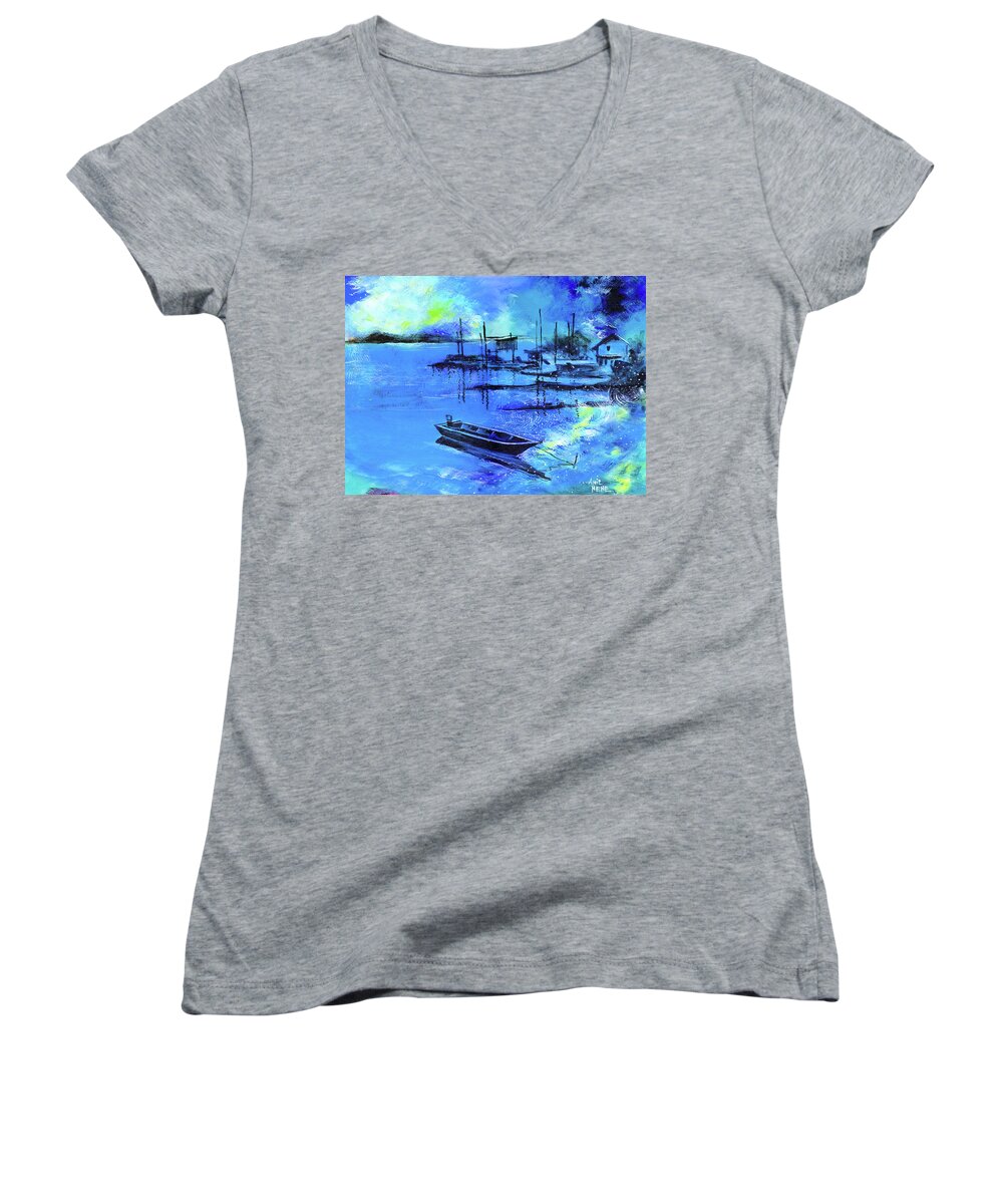 Nature Women's V-Neck featuring the painting Blue Dream 2 by Anil Nene