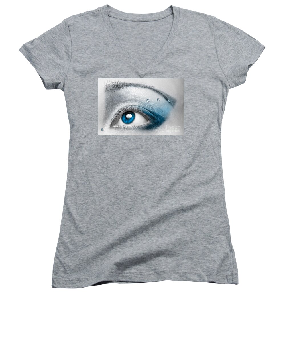 Eye Women's V-Neck featuring the photograph Blue Female Eye Macro with Artistic Make-up by Maxim Images Exquisite Prints