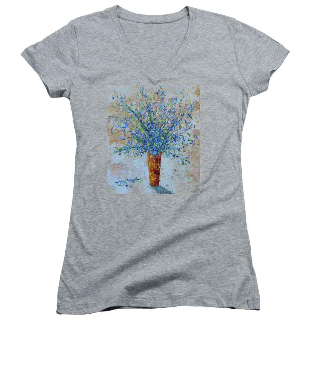 Floral Women's V-Neck featuring the painting Blue Floral by Frederic Payet