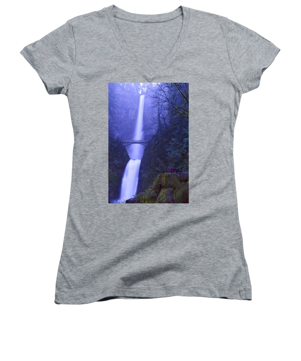 Multnomah Falls Women's V-Neck featuring the photograph Blue Flow by Kellie Prowse