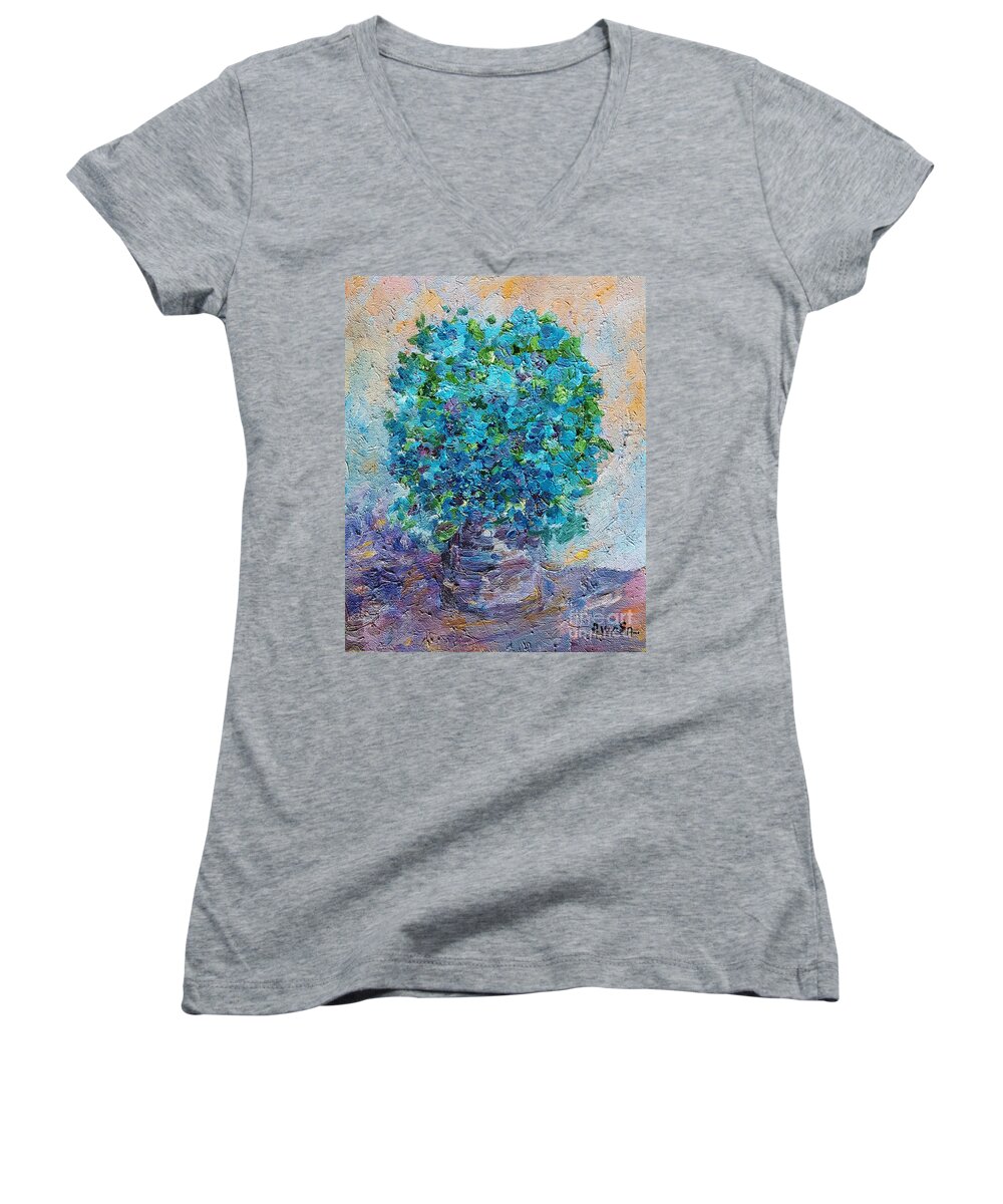 Still Life Women's V-Neck featuring the painting Blue flowers in a vase by Amalia Suruceanu