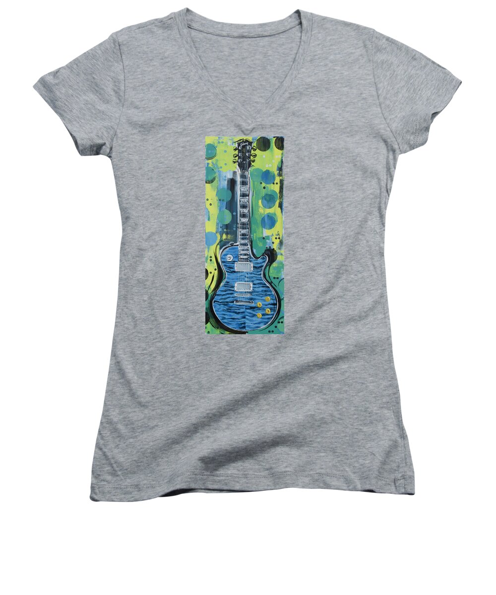 Guitar Women's V-Neck featuring the painting Blue Gibson Guitar by John Gibbs