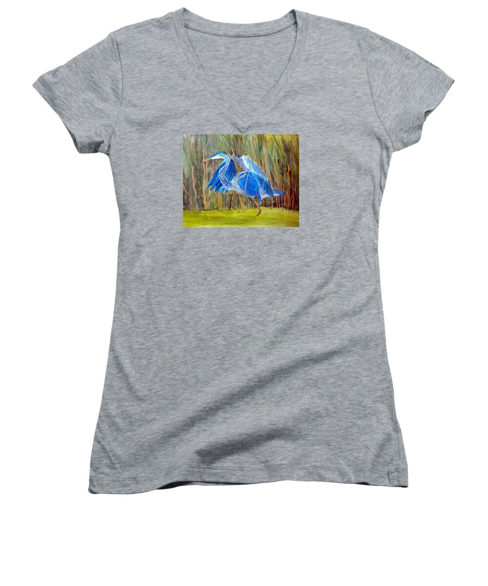 Blue Heron Women's V-Neck featuring the painting Blue Heron in Viera Florida by Anne Sands